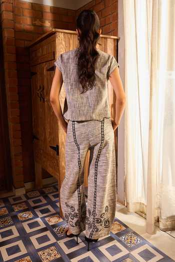 Shop_Needleten_Grey Cotton Summer Embroidered Pant _at_Aza_Fashions