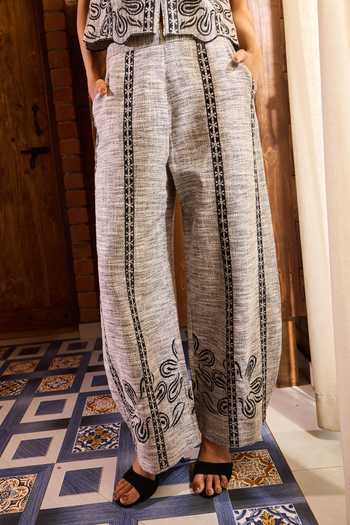 Needleten_Grey Cotton Summer Embroidered Pant _at_Aza_Fashions