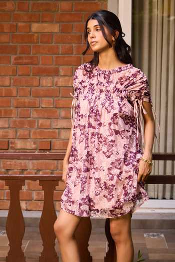 Needleten_Pink Cotton, Lace Round Neck Plum Floral Print Dress _Online_at_Aza_Fashions
