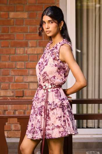 Needleten_Pink Cotton, Lace Round Neck Floral Short Dress _Online_at_Aza_Fashions