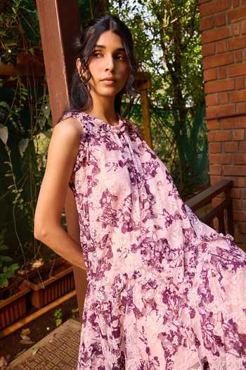 Buy_Needleten_Pink Cotton, Lace Round Neck Floral Short Dress _Online_at_Aza_Fashions