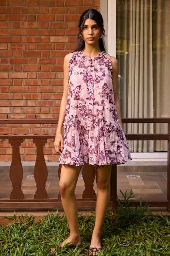 Buy_Needleten_Pink Cotton, Lace Round Neck Floral Short Dress _at_Aza_Fashions