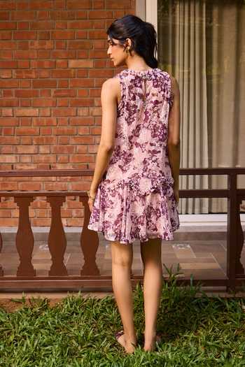 Shop_Needleten_Pink Cotton, Lace Round Neck Floral Short Dress _at_Aza_Fashions