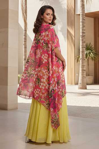 Shop_Basanti Kapde Aur Koffee_Gold Georgette Sweetheart Neck Citrus Lumiere Vantara Cape Set _at_Aza_Fashions