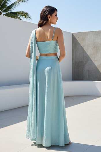 Shop_Basanti Kapde aur Koffee_Blue Tissue Sweetheart Neck Aqua Crushed Draped Saree With Blouse _at_Aza_Fashions