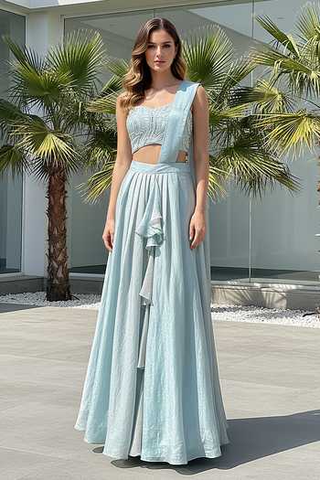 Shop_Basanti Kapde aur Koffee_Blue Tissue Sweetheart Neck Aqua Crushed Draped Saree With Blouse _Online_at_Aza_Fashions