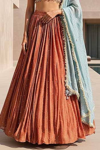 Basanti Kapde aur Koffee_Orange Tissue Sweetheart Neck Russet Embroidered Lehenga Set _Online_at_Aza_Fashions