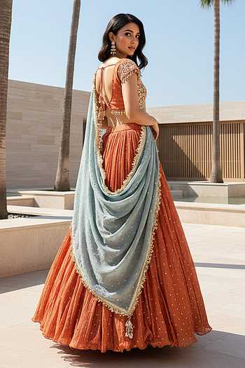 Shop_Basanti Kapde aur Koffee_Orange Tissue Sweetheart Neck Russet Embroidered Lehenga Set _at_Aza_Fashions