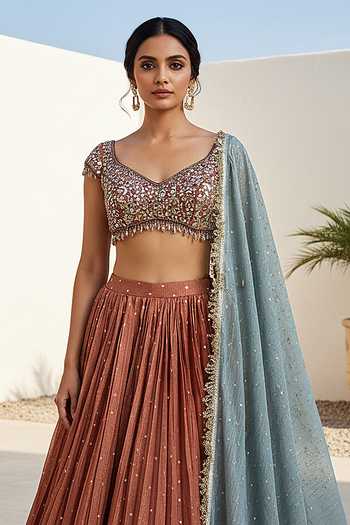 Buy_Basanti Kapde aur Koffee_Orange Tissue Sweetheart Neck Russet Embroidered Lehenga Set _Online_at_Aza_Fashions