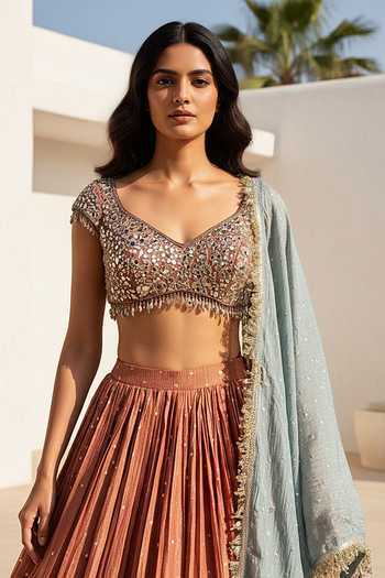 Shop_Basanti Kapde aur Koffee_Orange Tissue Sweetheart Neck Russet Embroidered Lehenga Set _Online_at_Aza_Fashions