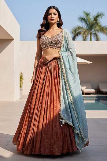 Buy_Basanti Kapde aur Koffee_Orange Tissue Sweetheart Neck Russet Embroidered Lehenga Set _at_Aza_Fashions