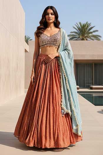 Buy_Basanti Kapde aur Koffee_Orange Tissue Sweetheart Neck Russet Embroidered Lehenga Set 