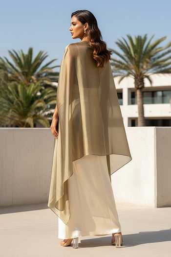 Shop_Basanti Kapde Aur Koffee_Gold Satin High Neck Lumiere Sheer Cape And Skirt Set _at_Aza_Fashions