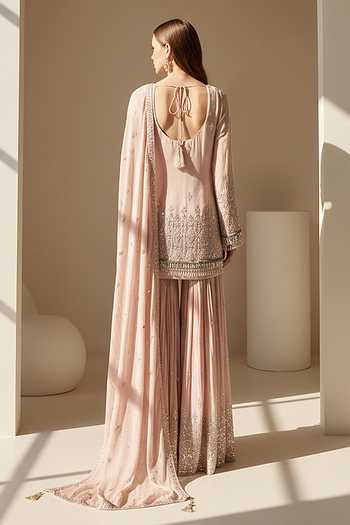 Shop_Basanti Kapde aur Koffee_Pink Georgette Scoop Neck Blush Dawn Embroidered Sharara Set _at_Aza_Fashions
