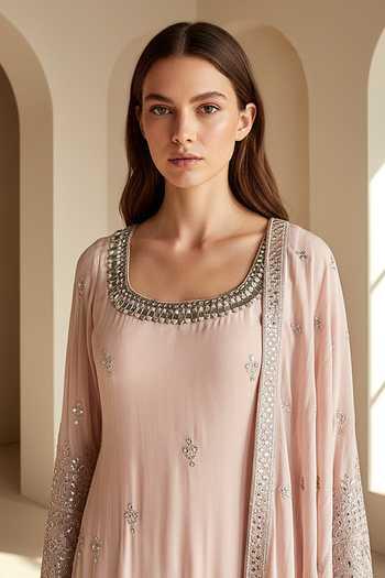 Shop_Basanti Kapde aur Koffee_Pink Georgette Scoop Neck Blush Dawn Embroidered Sharara Set _Online_at_Aza_Fashions