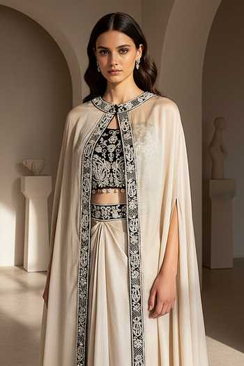 Basanti Kapde aur Koffee_Beige Silk, Chinon Round Neck, Mandarin Nocturne Embroidered Cape Skirt Set _Online_at_Aza_Fashions
