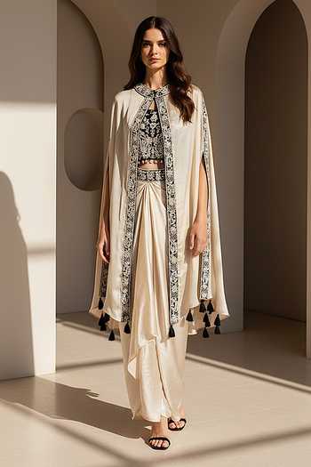 Buy_Basanti Kapde aur Koffee_Beige Silk, Chinon Round Neck, Mandarin Nocturne Embroidered Cape Skirt Set _Online_at_Aza_Fashions