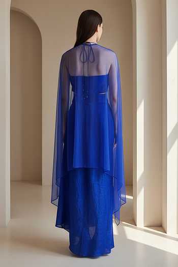 Shop_Basanti Kapde Aur Koffee_Blue Tissue Halter , Round Crushed Embroidered Cape Set _at_Aza_Fashions