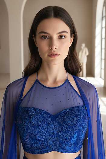Buy_Basanti Kapde Aur Koffee_Blue Tissue Halter , Round Crushed Embroidered Cape Set _Online_at_Aza_Fashions
