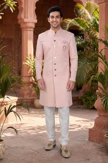 Buy_Jhambthreads_Pink Jacquard, Polyester Woven Kurta And Poly Pant Set _at_Aza_Fashions