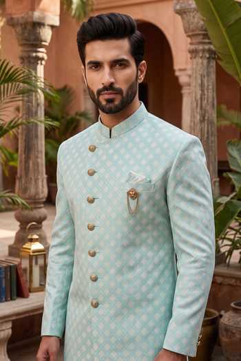Jhambthreads_Green Polyester, Jacquard Woven Sherwani And Pant Set _Online_at_Aza_Fashions