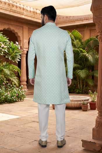 Shop_Jhambthreads_Green Polyester, Jacquard Woven Sherwani And Pant Set _at_Aza_Fashions