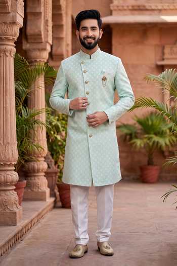 Buy_Jhambthreads_Green Polyester, Jacquard Woven Sherwani And Pant Set _at_Aza_Fashions