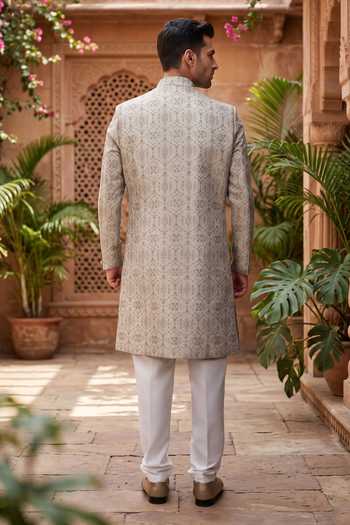 Shop_Jhambthreads_Beige Polyester, Jacquard Woven Sherwani And Pant Set _at_Aza_Fashions