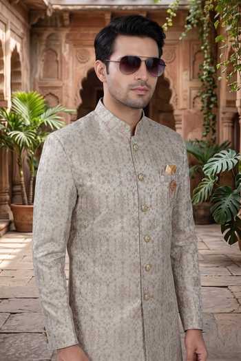 Jhambthreads_Beige Polyester, Jacquard Woven Sherwani And Pant Set _Online_at_Aza_Fashions