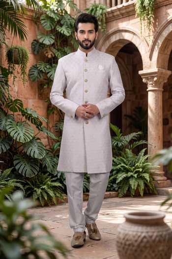 Buy_Jhambthreads_White Polyester, Jacquard Woven Sherwani And Pant Set _at_Aza_Fashions