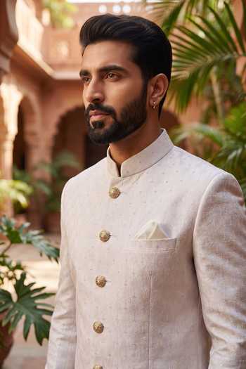 Jhambthreads_White Polyester, Jacquard Woven Sherwani And Pant Set _Online_at_Aza_Fashions