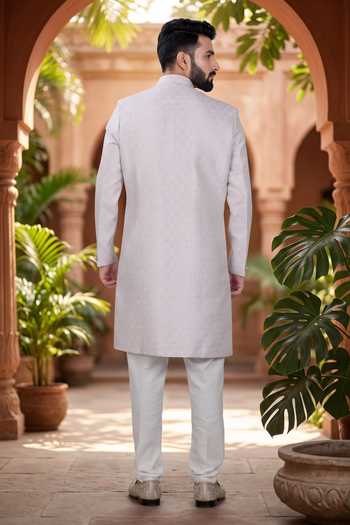 Shop_Jhambthreads_White Polyester, Jacquard Woven Sherwani And Pant Set _at_Aza_Fashions
