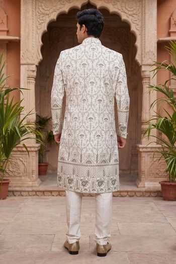 Shop_Jhambthreads_Off White Silk, Polyester Sherwani Jacket And Poly Pant Set _at_Aza_Fashions
