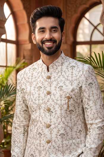 Jhambthreads_Off White Silk, Polyester Sherwani Jacket And Poly Pant Set _Online_at_Aza_Fashions
