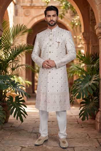 Buy_Jhambthreads_Off White Silk, Polyester Embroidered Sherwani And Pant Set _at_Aza_Fashions