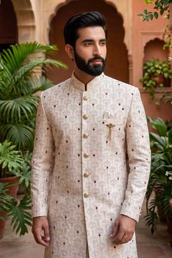 Jhambthreads_Off White Silk, Polyester Embroidered Sherwani And Pant Set _Online_at_Aza_Fashions