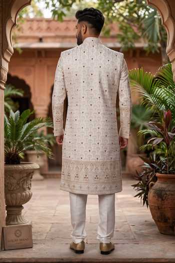 Shop_Jhambthreads_Off White Silk, Polyester Embroidered Sherwani And Pant Set _at_Aza_Fashions
