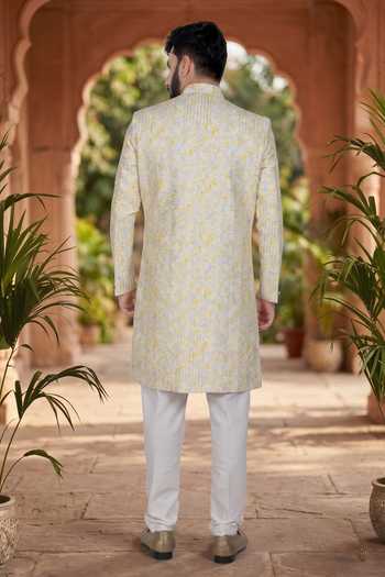 Shop_Jhambthreads_White Polyester, Silk Embroidered Sherwani And Pant Set _at_Aza_Fashions