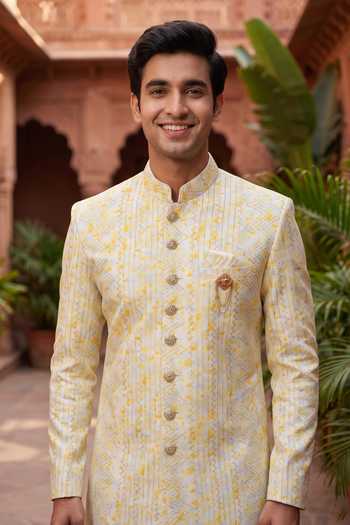 Jhambthreads_White Polyester, Silk Embroidered Sherwani And Pant Set _Online_at_Aza_Fashions