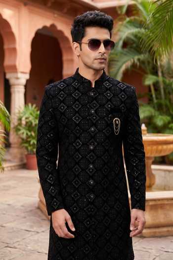 Jhambthreads_Black Silk, Polyester Embroidered Kurta And Pant Set _Online_at_Aza_Fashions