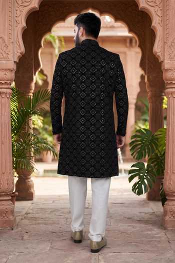 Shop_Jhambthreads_Black Silk, Polyester Embroidered Kurta And Pant Set _at_Aza_Fashions