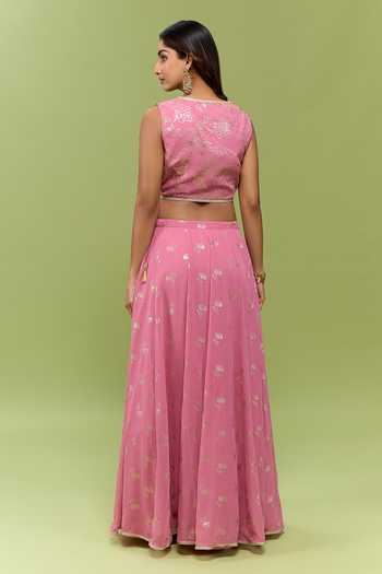 Varun Bahl_Pink Georgette V-neck Floral Print Lehenga Set _Online_at_Aza_Fashions