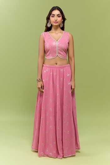 Shop_Varun Bahl_Pink Georgette V-neck Floral Print Lehenga Set 