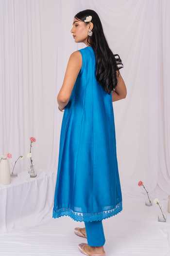 Shop_Mushio_Blue Chanderi, Silk, Cotton Keyhole Neck, Yes Kurta And Pant Set _at_Aza_Fashions