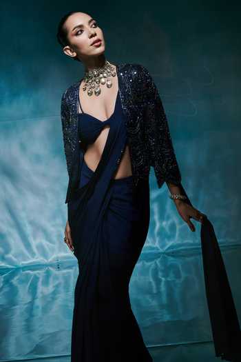 House of Arshiyaa_Blue Crepe, Net, Chiffon Open , Bandeau Royal Jacket Draped Saree Set _Online_at_Aza_Fashions