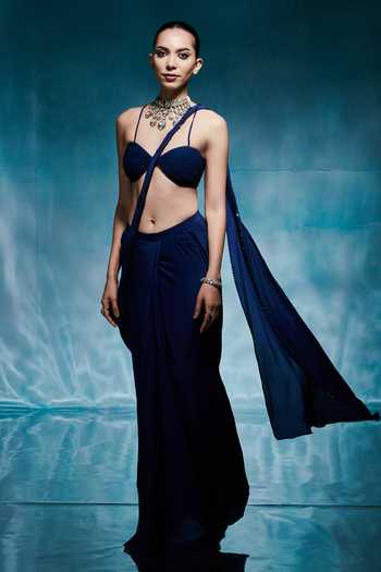 Buy_House of Arshiyaa_Blue Crepe, Net, Chiffon Open , Bandeau Royal Jacket Draped Saree Set _Online_at_Aza_Fashions
