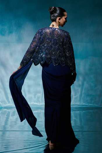 Shop_House of Arshiyaa_Blue Crepe, Net, Chiffon Open , Bandeau Royal Jacket Draped Saree Set _at_Aza_Fashions