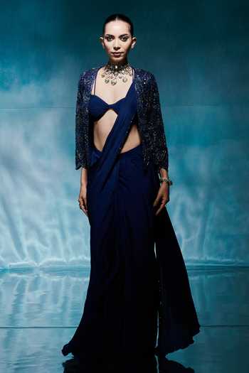 Buy_House of Arshiyaa_Blue Crepe, Net, Chiffon Open , Bandeau Royal Jacket Draped Saree Set _at_Aza_Fashions