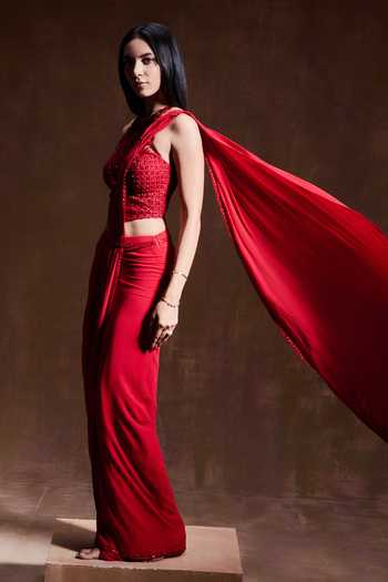 House of Arshiyaa_Red Georgette, Net Embroidery, Beads Halter Neck Corset And Pre-draped Set _Online_at_Aza_Fashions