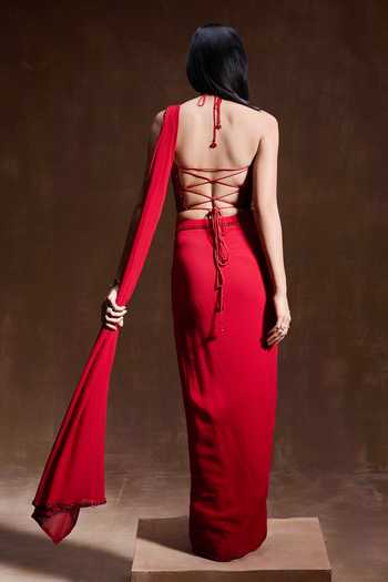 Shop_House of Arshiyaa_Red Georgette, Net Embroidery, Beads Halter Neck Corset And Pre-draped Set _at_Aza_Fashions